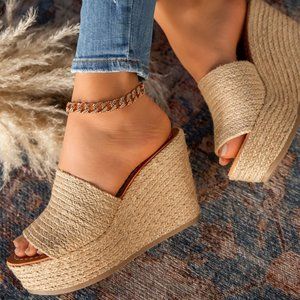 NEW🔥 Natural Jute Raffia Open Toe Platform Wedge High Heel Sandal Slip-On Slide